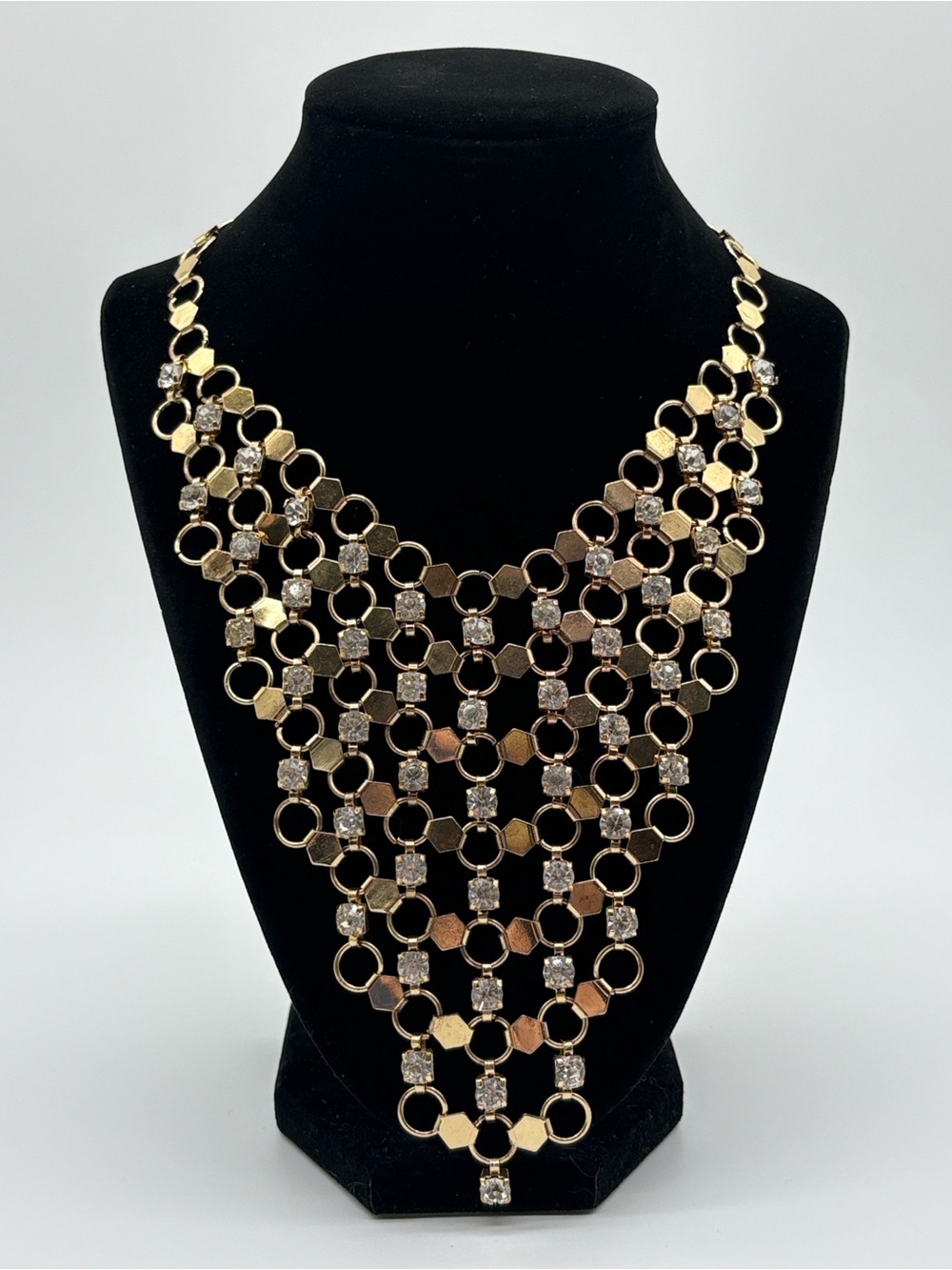 Gold Crystal Bib Necklace Layered Hexagon Ring Link Statement Women Jewelry